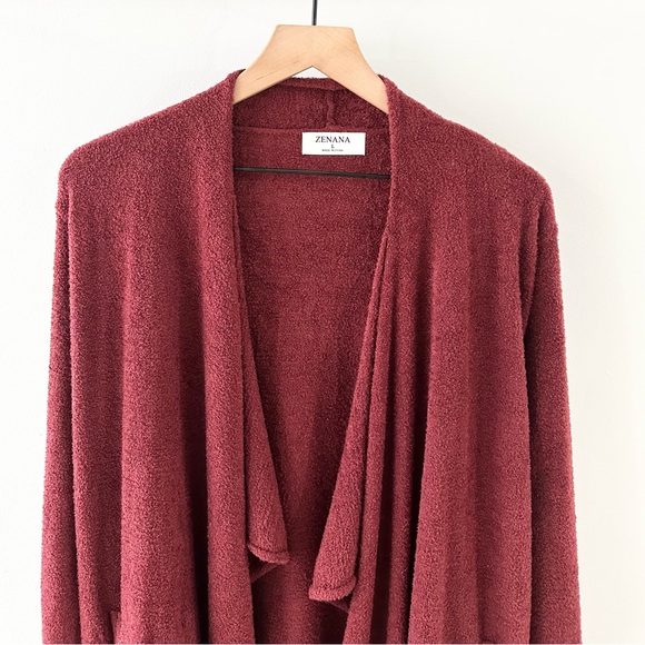 Zenana Long Line Open Front Velour Cardigan Burgundy Size Large - Picture 6 of 9